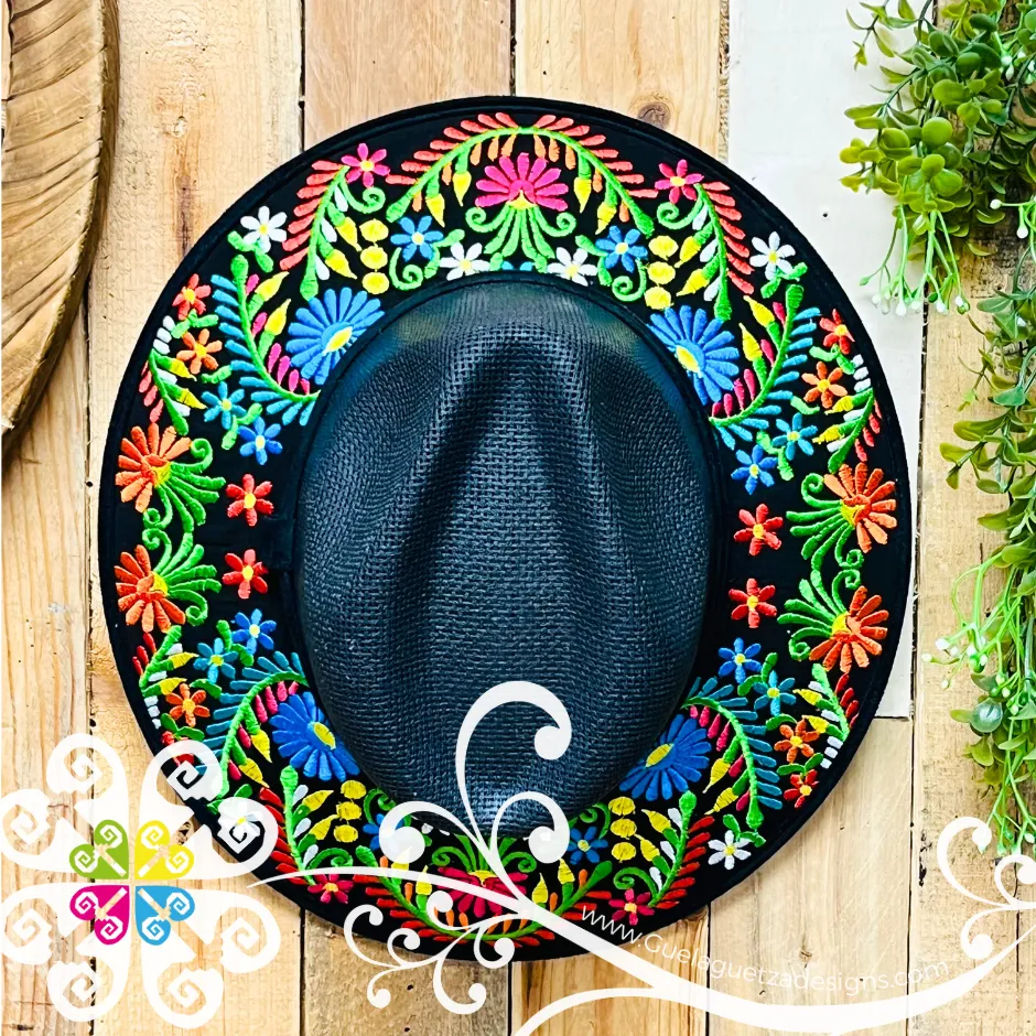 Black Embroider Summer Hat - Black Floral Rim