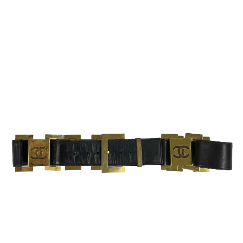 CHANEL - Vintage 1980's Black Leather and Gold Buckle CC Link Belt - 75 / 30