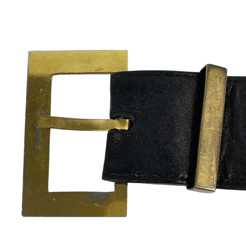 CHANEL - Vintage 1980's Black Leather and Gold Buckle CC Link Belt - 75 / 30