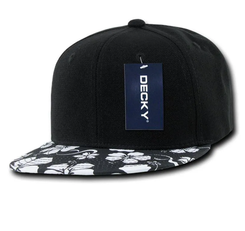Decky Black Panel Floral Hawaiian Cotton Snapback Visor Flat Bill Caps Hats