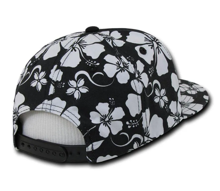 Decky Solid Black Panel Floral Hawaiian Cotton Snapback Flat Bill Caps Hats