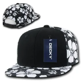 Decky Solid Black Panel Floral Hawaiian Cotton Snapback Flat Bill Caps Hats