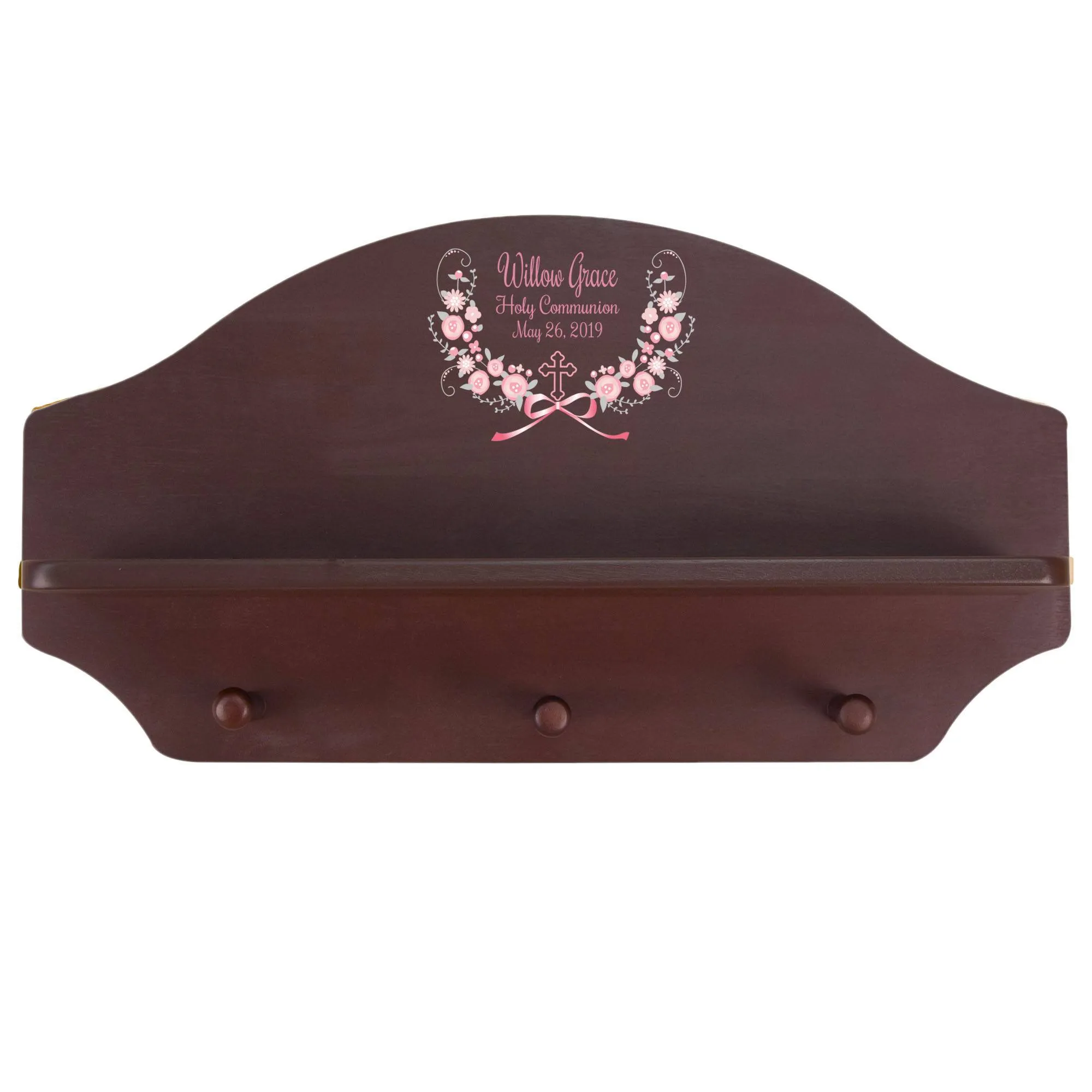 Espresso 3 Peg Wall Shelf - Pink Gray Floral Cross