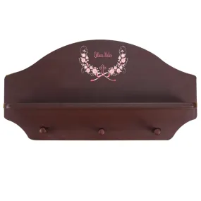 Espresso 3 Peg Wall Shelf - Pink Gray Floral Cross